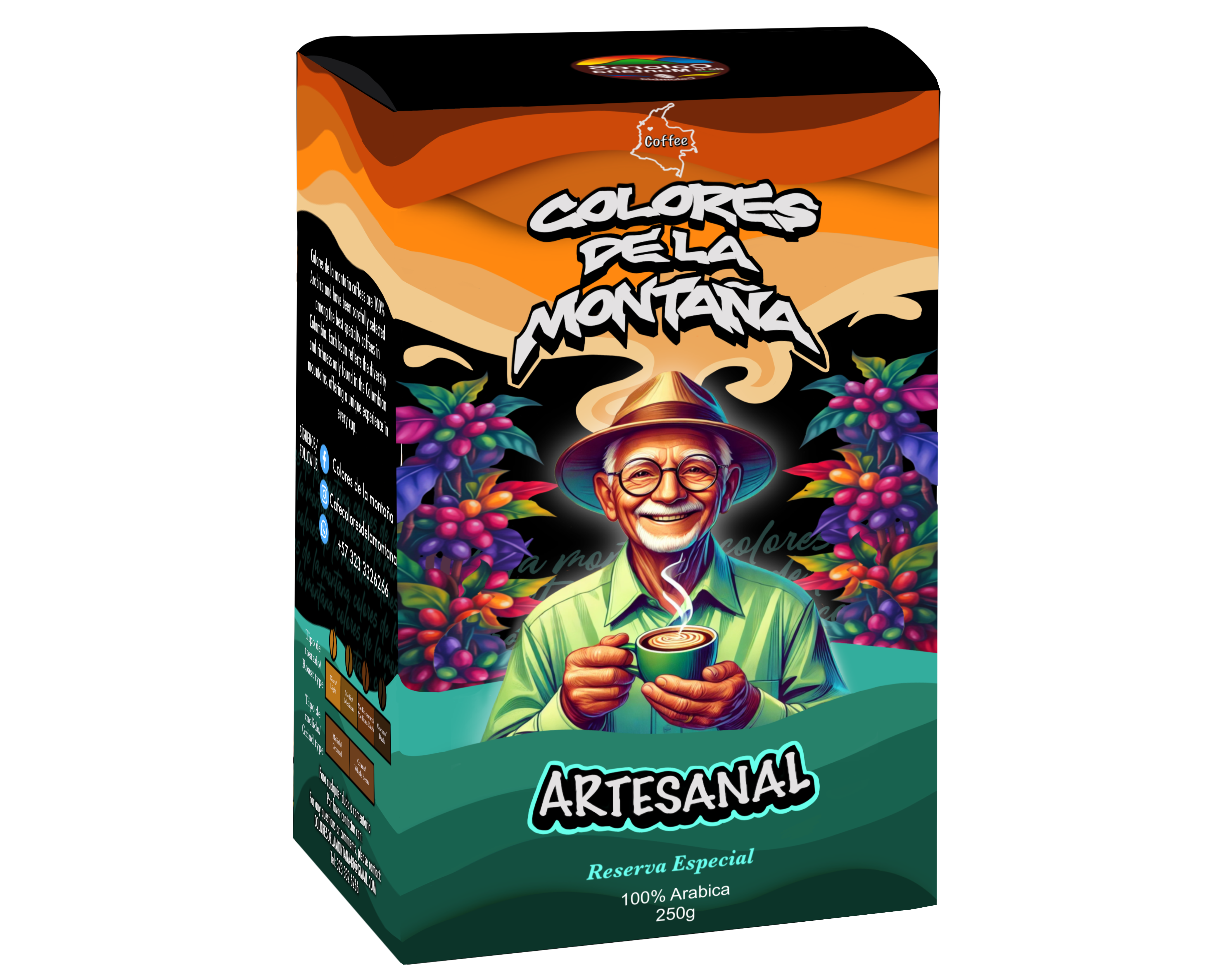 Caja de café artesanal premium con un empaque artístico que celebra la tradición campesina y el compromiso sostenible del café colombiano.